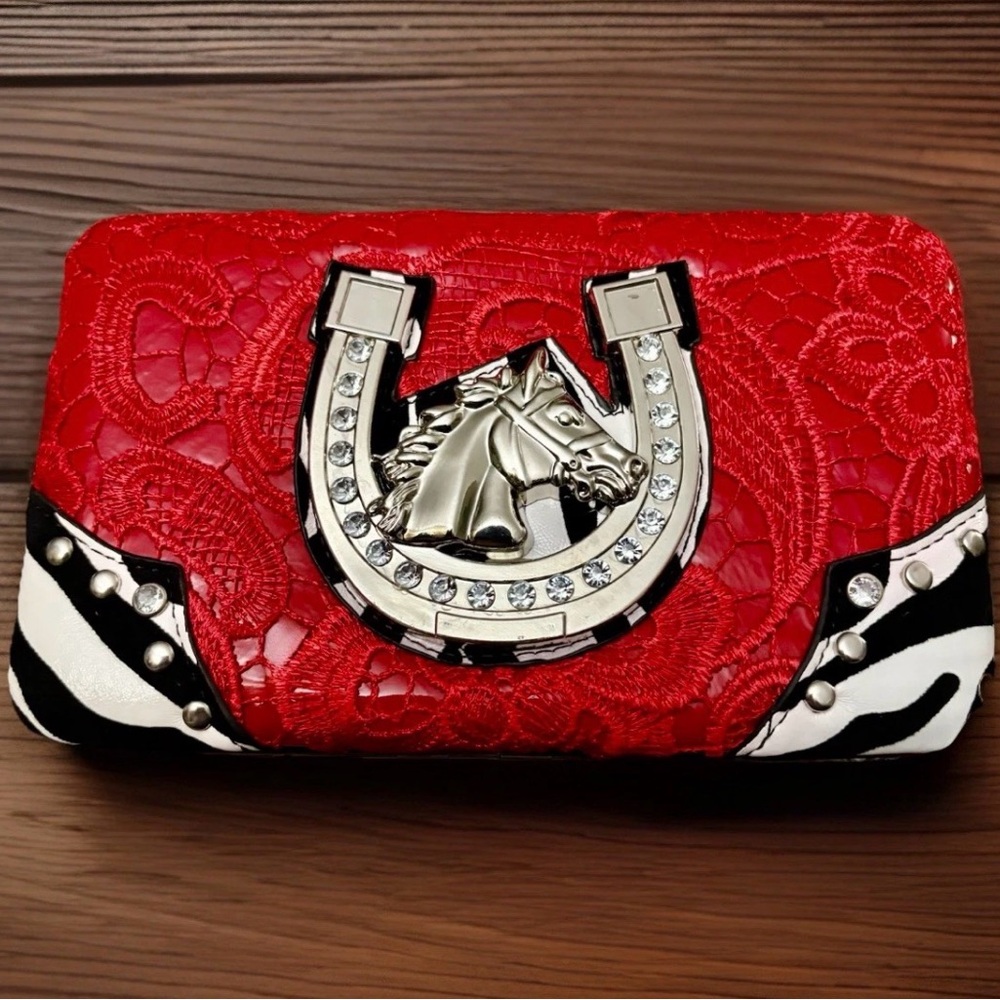 NEW Alyssa Western HORSE Wallet Red/Black Zebra Print & Lace Silver Horseshoe